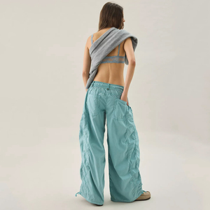 Pantaloni <span class=keywords><strong>Cargo</strong></span> da Donna a Gamba Larga, Tinta Unita, con Elastico in Vita e Coulisse, Tasche Multiple, Cuciture Laterali Arricciate, Polsini Regolabili, Stile <span class=keywords><strong>Parachute</strong></span> - Product Image 3