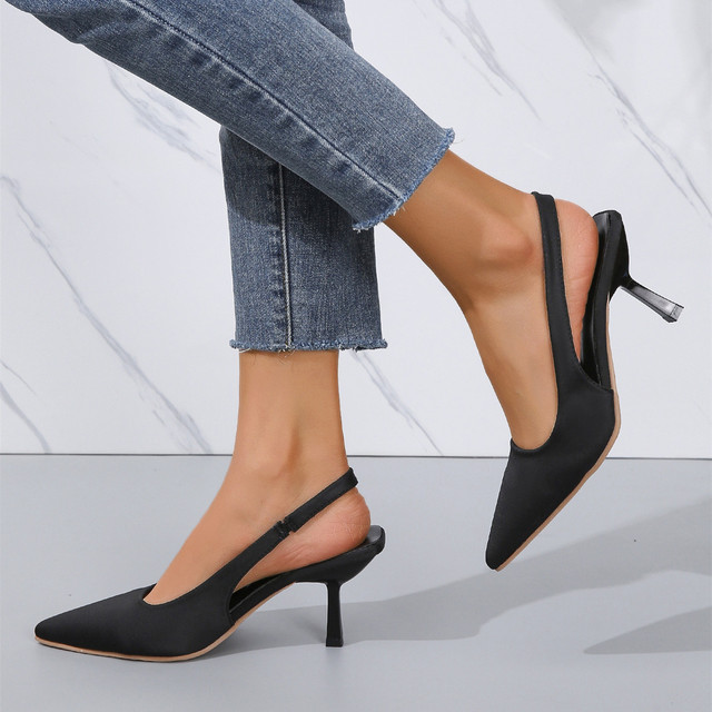 Custom ManuFacturer Summer Roman Black Women Sexy Slingback Pointed Toe Ladies Kitten Heel Pumps