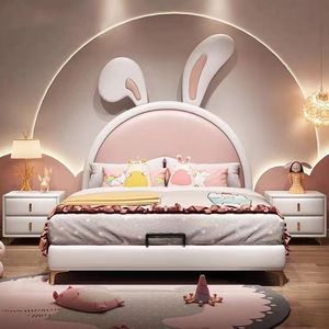 Lit d'enfant style princesse avec tête de lit capitonnée, design cartoon pour chambre à coucher, finition cuir - Product Image 3