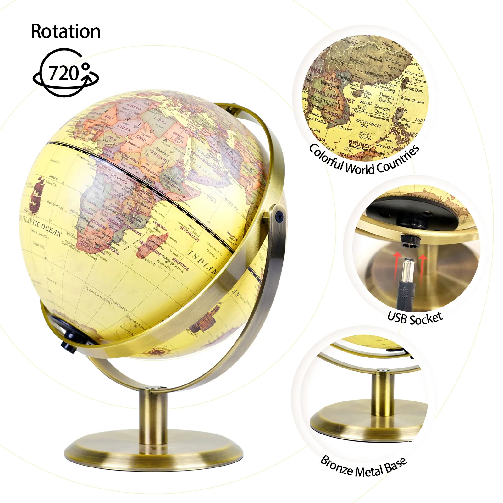 8 Inch 20cm 720 degree rotation matt finish antique relief globe with bronze universal bracket for Education Demo Home Office