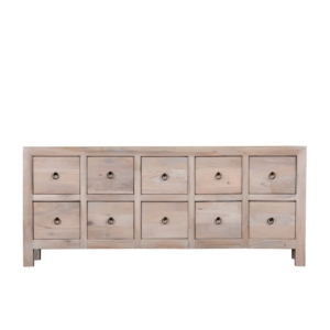 Commode à dix tiroirs en bois recyclé sablé, style rustique, faite à la main, finition naturelle, pour chambre à coucher - Product Image 1