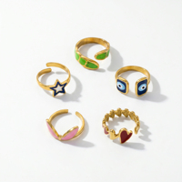 Ensemble de bagues ajustables QIAOREN en acier inoxydable avec motif œil, plaqué or, empilables, ornées de zircone cubique et de turquoise, pour femme
