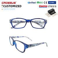 Kacamata Baca Pola Biru Logo Kustom Desainer Unisex Lensa Plastik AC Anti Cahaya Biru Dengan Kotak Persegi Panjang