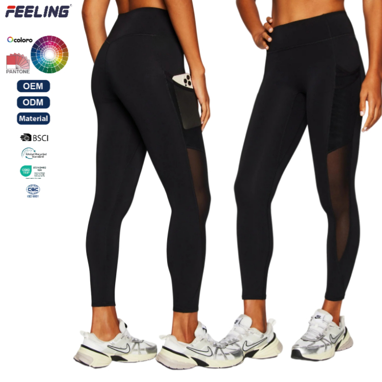 Women's High Waist Yoga Pants with Side Mesh Panels and Pockets Slim Fit for Casual Sports Wear OEM ODM