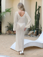 Groothandel dames effen lange mouw sexy V-hals uitgeholde kaftan strand maxi jurk bikini badpak omslag zomer vakantie