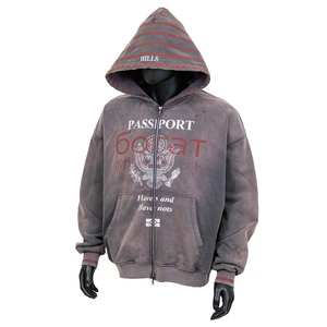 Sudadera con capucha y cremallera TOPSHOW personalizada, estilo vintage, de tela gruesa, con efecto desgastado, para hombre, talla grande, lavado ácido, estilo urbano, con gráficos. - Product Image 2