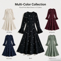 Robe longue évasée à imprimé floral pour femme, col en V, manches longues cloche, taille haute, coupe fluide, élégante pour soirée ou tenue décontractée