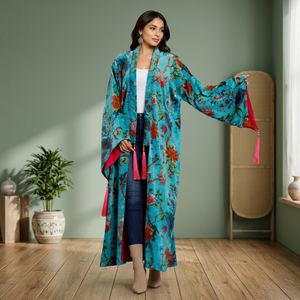 Vestido Largo Holgado Estilo Kimono con Estampado Floral Boho, Mangas Murciélago y Decoración de Borlas, Ropa Casual de Verano - Product Image 4