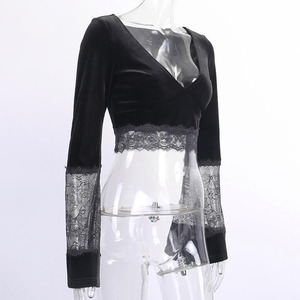 Dark <strong>Goth</strong> Long Sleeve <strong>Tshirt</strong> Women Sexy Lace Patchwork Flare Sleeve V Neck Short Tee Tops Streetwear Black Bottom <strong>Tshirt</strong> - Product Image 4