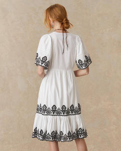 Venta al por mayor verano algodón Midi vestido para mujer Casual Floral ojal bordado cuello en V manga corta suelta ajustada para la fiesta diaria - Product Image 3