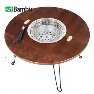 WDF Custom Outdoor Table With Charcoal BBQ Grille Portable Camping Hot Pot Meja Lipat Wooden Folding Picnic Bamboo BBQ Table