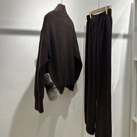 Ensemble tricoté en vraie fourrure de lapin, chaud et doux, pour l'hiver, comprenant un cardigan et un pantalon large à jambe droite pour femme
