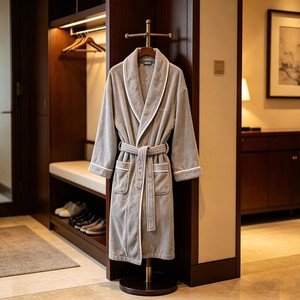 Peignoir en coton gris écologique toutes saisons, doux, chaud et absorbant, unisexe, pour hôtel, complexe hôtelier, maison, salle de bain - Product Image 5