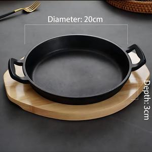 Plat de service rond en <span class=keywords><strong>fonte</strong></span> personnalisé avec base en bois, poignée double, poêle antiadhésive pour steak et fajitas, idéal pour les restaurants - Product Image 3