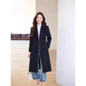 Women's Grey Wool Trench Coat Mid Length Slim Fit Winter Overcoat With Pocket Houndstooth Pattern - Product Image 2