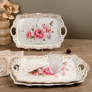 Juego de Bandejas de Melamina con Asas - Rectangulares, Gruesas, Estilo Retro de Lujo, con Relieve Floral, para Uso Doméstico - Product Image 4