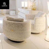 Fauteuil pivotant rond haut de gamme, tissu jacquard blanc luxueux, canapé individuel rembourré pour villa, manoir, salon