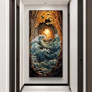 Art mural en carreaux de cristal style Ukiyo-e japonais - Coucher de soleil doré sur les vagues - Décoration murale océanique style Kanagawa - <span class=keywords><strong>Peinture</strong></span> sur cristal pour <span class=keywords><strong>la</strong></span> maison - Product Image 4