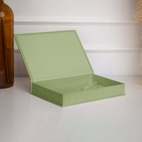 Boîte cadeau personnalisée de luxe en lin, emballage souvenir, boîte de rangement pliable en vert mousse avec ruban
