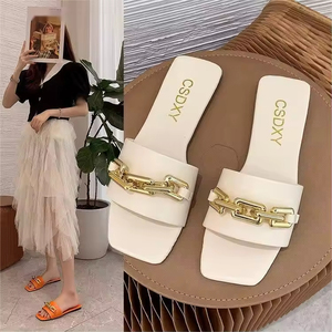 Sandales plates d'été pour femmes avec nouvelle chaîne métallique droite tendance, pour intérieur/extérieur, plage, antidérapantes, doublure en maille - Product Image 3