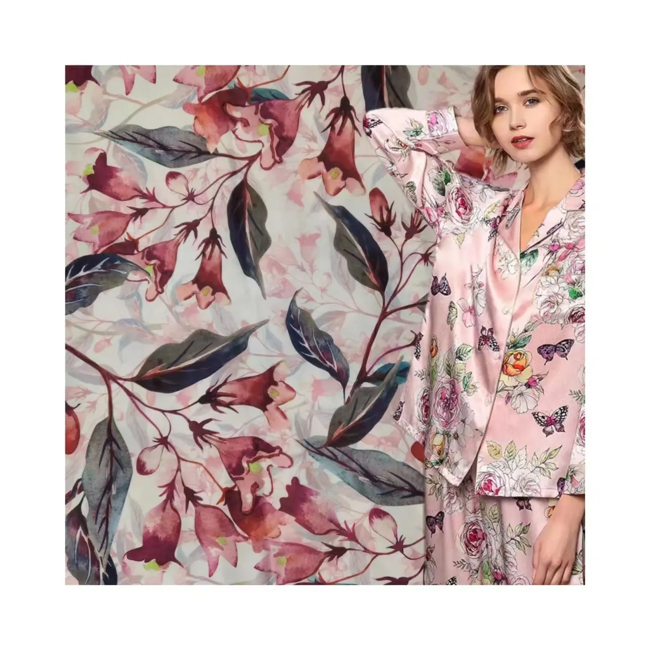 Ecológico de alta calidad de diseño personalizado 75D DTY Satin Bridal Digital Printed Lattice Check Floral Satin Printed Fabrics