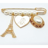 Broche en perles de créateur de mode ; Double épingle de sûreté pour bijoux féminins populaires ; Épingle à logo de bijoux inspirée par