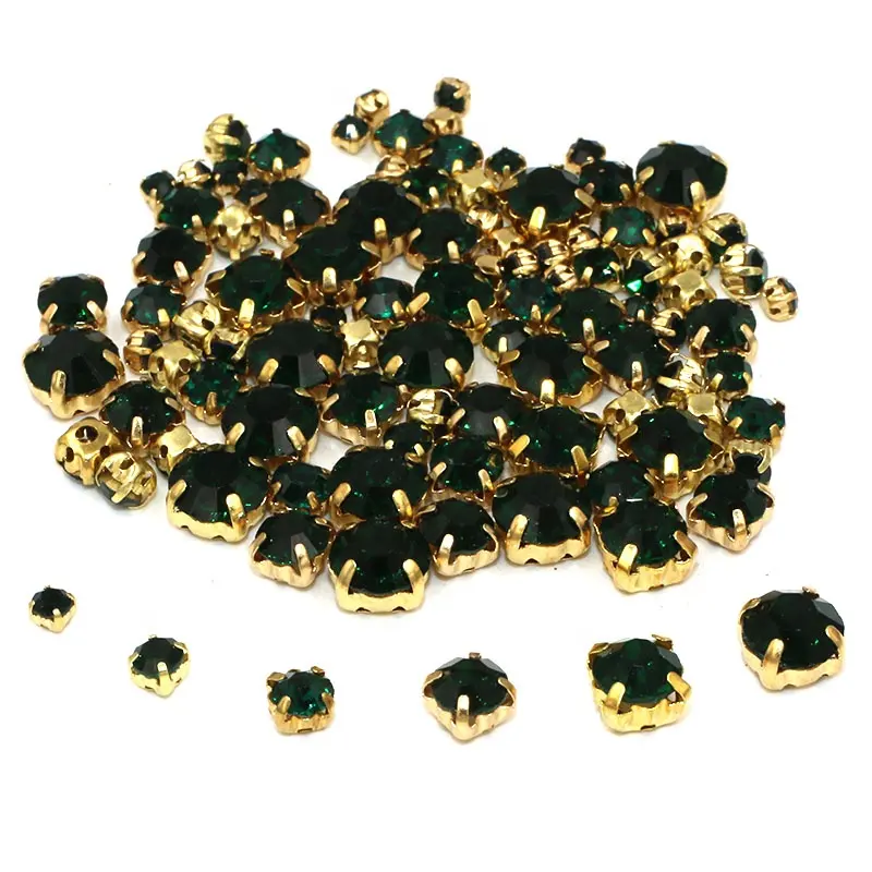 Emerald Color Multi-size Round Shape Sew On Crystal Glass Rhinestones With Gold Claw