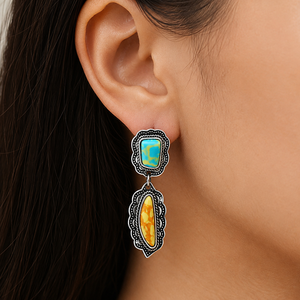 Orecchini pendenti vintage gialli, blu e verdi da donna, gioielli alla moda con contrasto di colore - Product Image 2