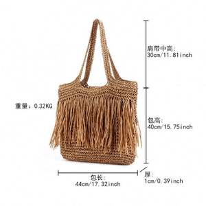 Sac fourre-tout chic en paille tressée à la main avec pompons, RFID, GPS, grande capacité, portable, pour femme, vente en gros - Product Image 6