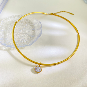 18K PVD Gold Plate Stainless Steel <strong>Necklace</strong> Classic White Circle Shaped Zircon Pendant <strong>Choker</strong> <strong>Necklace</strong> - Product Image 4
