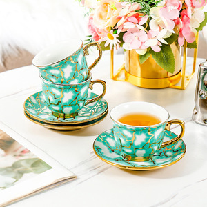 Ceramic Coffee <b>Cup</b> <b>Set</b> With Saucers Green Gold Edging For Afternoon <b>Tea</b> Breakfast Use Round Handle Design - Product Image 3