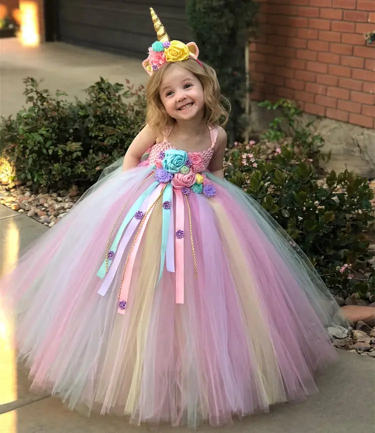 Princess Cosplay Fancy Colorful Rainbow Pink Halter Tutu Child Kid Baby Unicorn Dresses Girls Unicorn Dress for 3-11 Years Girl