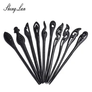 Tianshenglan — longue fourchette à cheveux, rétro chinois noir en bois de santal sculpté, stylo à fourchette en corne, baguettes à cheveux, épingles