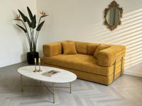 Sofá Modular de Felpa Amarillo Mostaza, Estructura Metálica Plateada, Moderno, para Villa, Escuela, Oficina, Espacio Pequeño