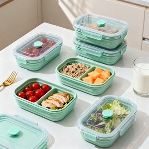 Tùy Chỉnh Microwaveable Phân Hủy Sinh Học Khay Nhựa Silicone Đôi Ngăn Gấp Snack Thực Phẩm Lưu Trữ <span class=keywords><strong>Container</strong></span> Với Nắp - Product Image 1