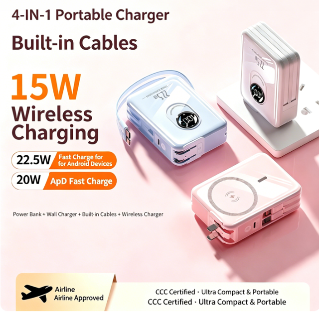 Four-in-One Built-in Cable Type-C 22.5W Compact AC Plug Magnetic Wireless Charging 10000mAh ABS Material Power Bank