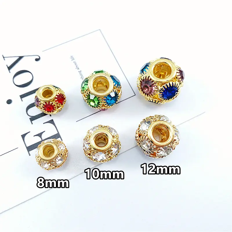 Grand trou de 12mm, couleur argent, noyau en laiton, strass métallique, trou de 4mm, 8mm, 10mm, perles de cristal pour la fabrication de bijoux