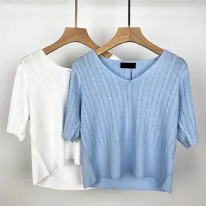 High Quality Custom Girls Fashion Short Sleeve Pullover Sweater V Neck Sweater Knit Cropped Top