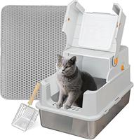 Bac à litière pour chat en acier inoxydable avec couvercle, grand bac à litière fermé pour chats de grande taille