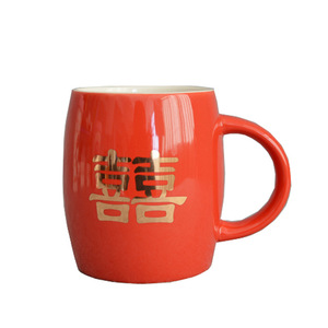Ceramic Mug Red Glaze Double Happiness Character Wedding Porcelain Drum Shape Cup For Miss Traditional Chinese Design - Product Image 1