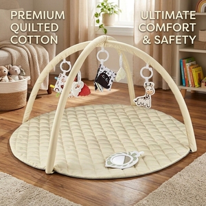 Tapis d'éveil matelassé beige tendance pour bébé, couleurs neutres modernes, arche d'activités robuste et amis en peluche à contraste élevé - Product Image 2