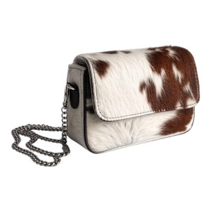 Cow Print Crossbody Shoulder <b>Bag</b> for <b>Women</b> with Brown and White Hair On Hide Pattern Metal Chain Strap Fashion Handbag - Product Image 2
