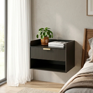 Table de <span class=keywords><strong>chevet</strong></span> murale moderne avec tiroir et étagère ouverte, table de nuit minimaliste en bois, table de nuit flottante pour chambre à coucher - Product Image 2