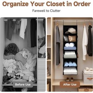 6-Tier Non-Woven Hanging Closet Organizer with Mesh Pockets Foldable Storage Organizer <b>Shelf</b> with 2 Sturdy <b>Hooks</b> - Product Image 4