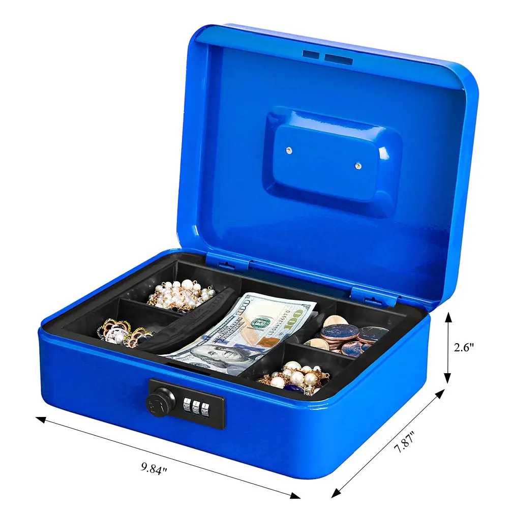 Синий цвет большой ящик для наличных с кодовым замком портативный ящик для денег со съемным лотком для монет