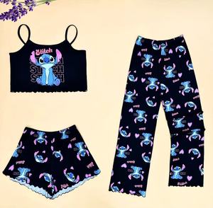 <span class=keywords><strong>Pigiama</strong></span> da Donna a Tre Pezzi a Prezzo di Fabbrica, Set con Canottiere, Pantaloncini e Pantaloni Lunghi, Abbigliamento da Notte <span class=keywords><strong>Sexy</strong></span> Estivo con Stampe Cartoon - Product Image 2