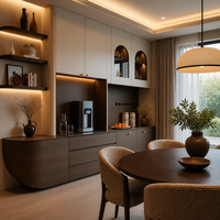 Buffet de salle à manger personnalisé | Porte en verre cintrée gris beige | Étagère flottante LED | Base Courbe | Vente en gros OEM