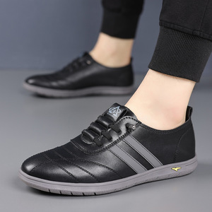 Aoweizhi Men's Summer Lace-Up Casual Round Toe Leather Shoes <b>Rubber</b> Outsole Anti-Slip Driving Embossed Logo Solid Color Striped - Product Image 2