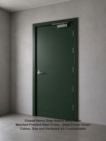 Porte industrielle battante en acier creux, coupe-feu, verte, robuste, à feuille simple renforcée