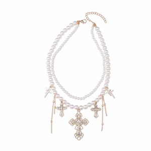 Collar de Perlas de Doble Capa con Cruz, Gargantilla de Aleación de Zinc Dorada con Colgante de Diamante, Joyería de Moda para Fiestas - Product Image 5